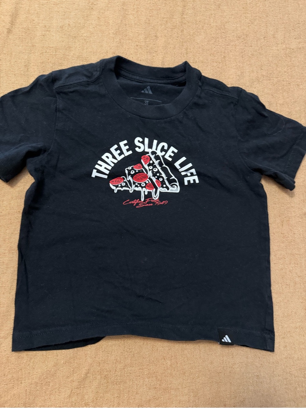 adidas Black Kids Tee with Three Slice Life Pizza Graphic